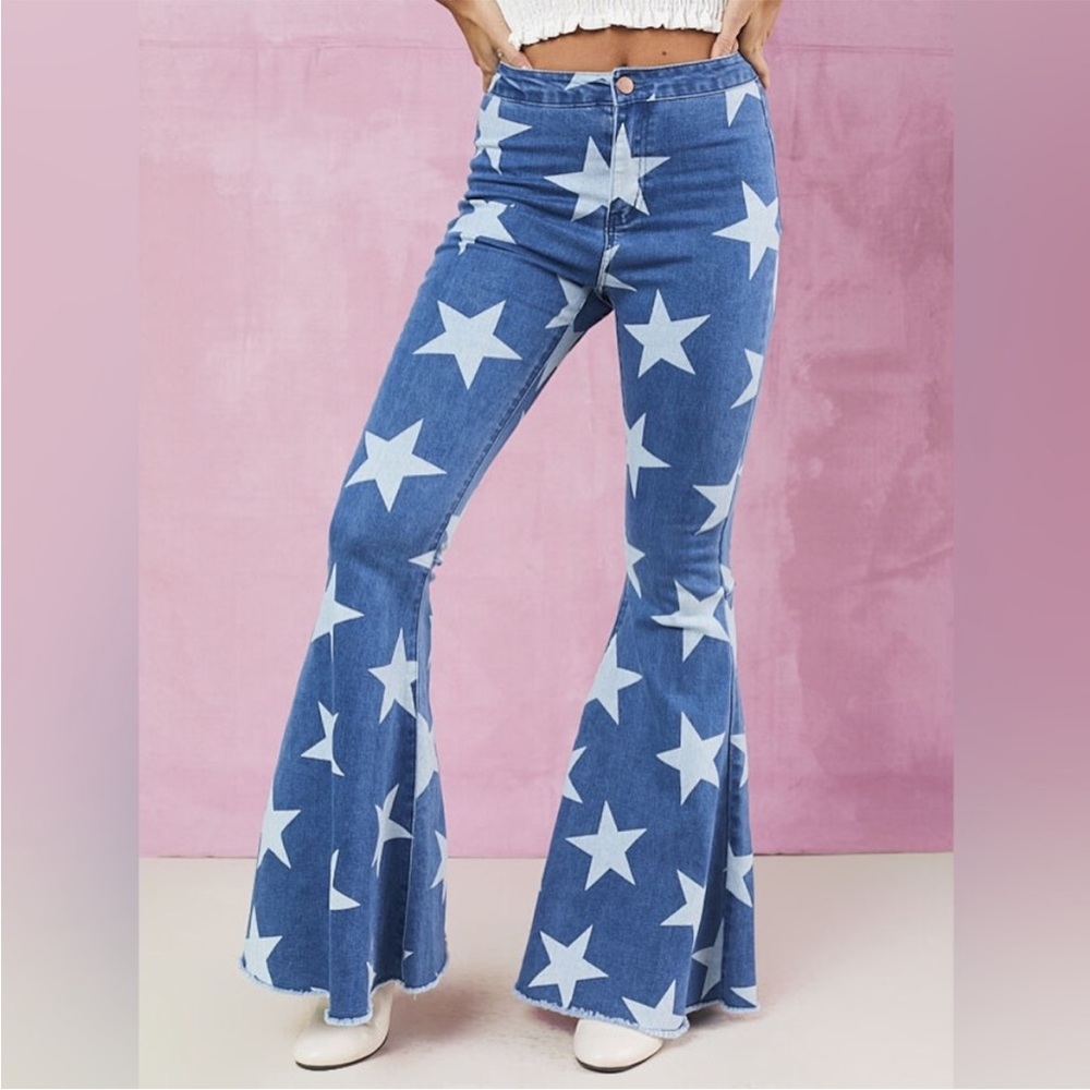 Altar’d State Star Print Flare Jeans with Raw Hem- Size Small